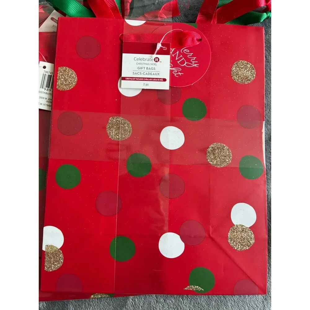 Set of 10 Christmas Gift Bags Red Green Polka Dot Holiday Bags 9.5”